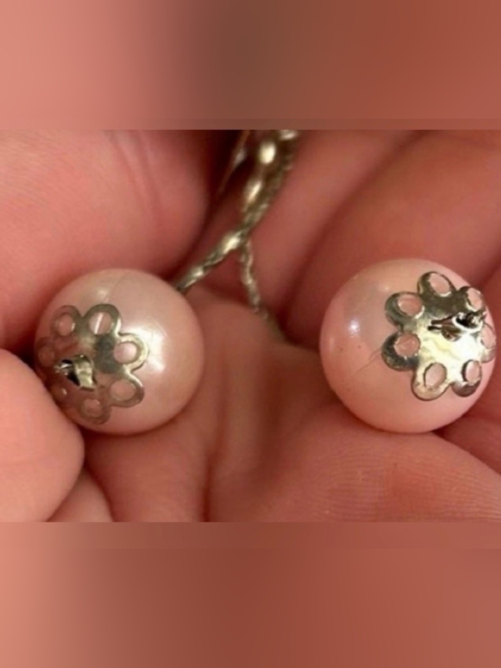 Vintage Murano Style Pink Faux Pearl Beaded Dangle Earrings Silver Tone - Picture 8 of 8